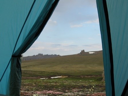 View of tundra and rock formations through the opening of a blue tent View of tundra and rock formations through the opening of a blue tent