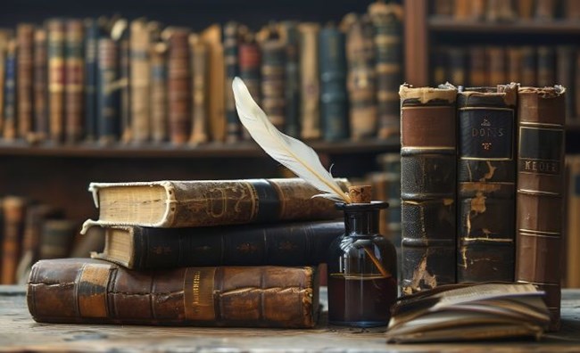 Image of a stack of old books and inkwell on desk in front of filled bookshelf