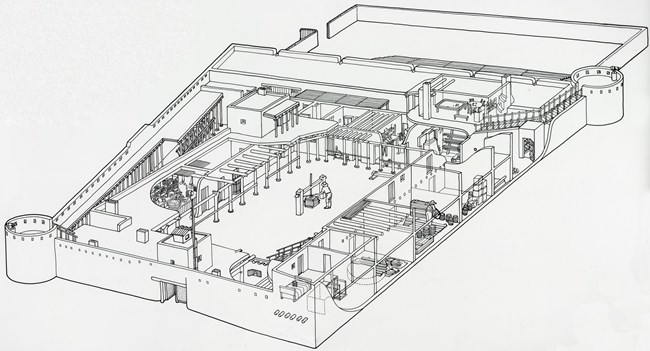 Cutaway diagram of Bent's Old Fort showing details of room interiors