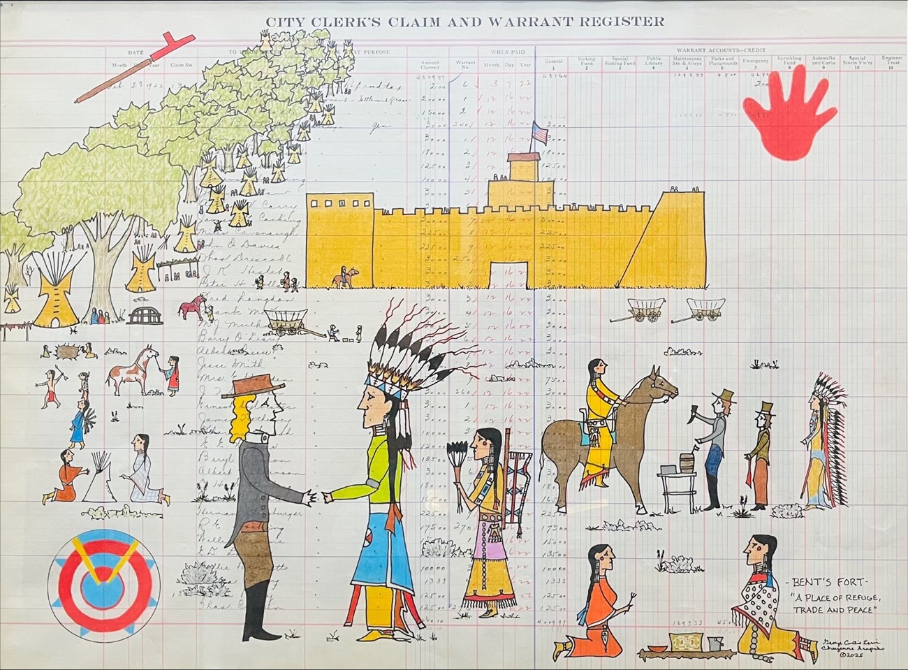 A traditional ledger drawing of Bent’s Old Fort illustrates Cheyenne people interacting with traders and others at the fort. The cylindrical red, blue, and yellow is the Cheyenne woman’s design and signifies the power of native women. The red hand signifi