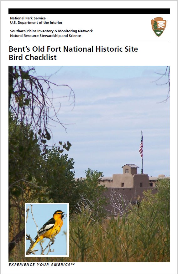 View of Bent’s Old Fort with Bullock’s Oriole and cottonwood trees and other riparian vegetation.