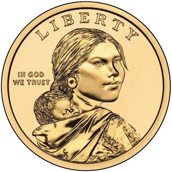 photo of gold coin with image of Sacagawea carrying infant son, Jean Baptiste Charbonneau on her back