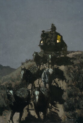 A stagecoach pulled by six horses comes over a rise over the prairie in the night with light coming out the windows, and a driver and guard sitting on top. A stagecoach pulled by six horses comes over a rise over the prairie in the night with light coming out the windows, and a driver and guard sitting on top.