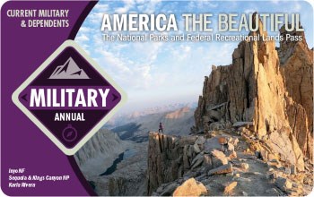 America The Beautiful - National Parks and Federal Recreational Lands 2023 Military Annual Pass showing rock outcrops and valley in Sequoia and Kings Canyon National Parks