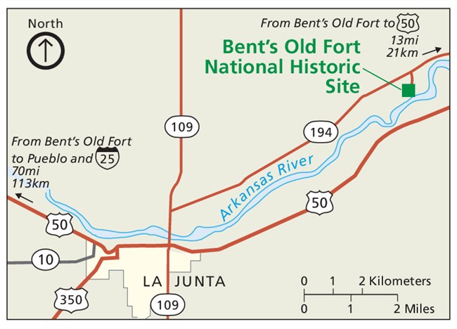 area map showing routes to Bent's Old Fort