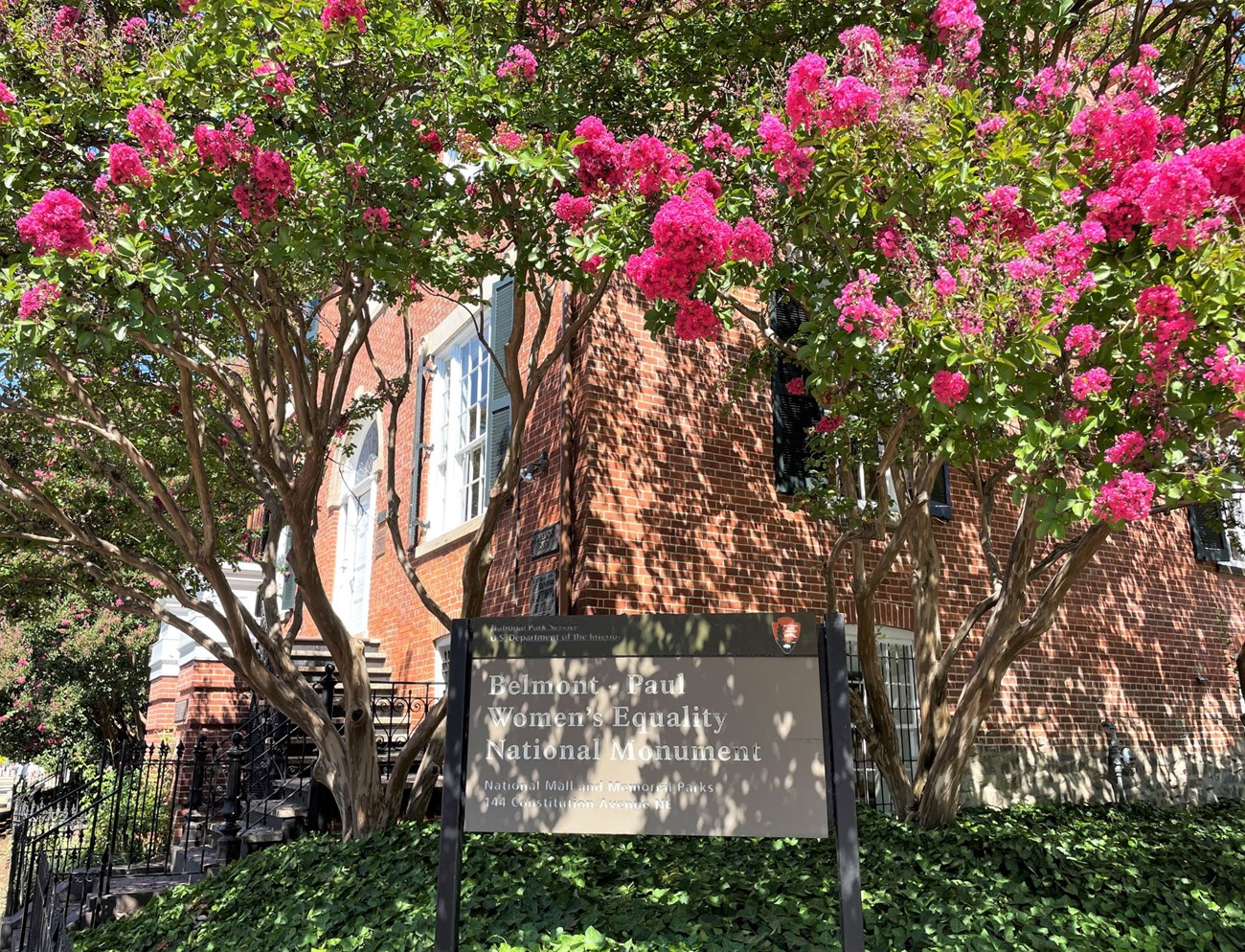 BEPA front sign flowers NPS Photo NSA Aug 2023 crop NPS Belmont-Paul Women's Equality National Monument sign surrounded by flowering trees on corner of house