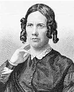 Half-length portrait engraving of Frances Dana Gage in black dress with lace collar and right hand raised to her chin, hair pulled back with side curls