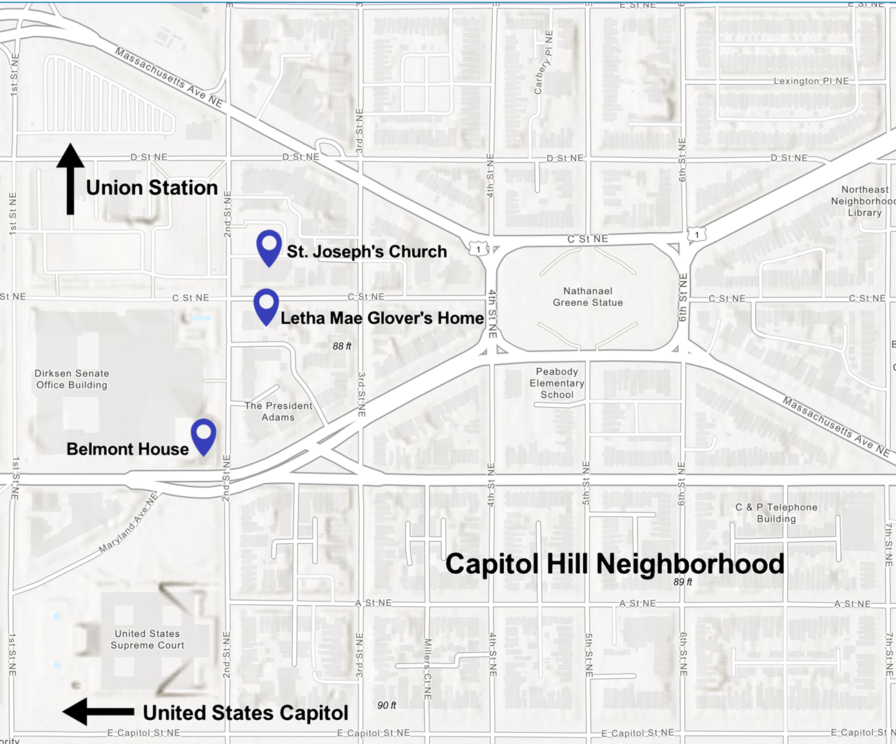 Map of Capitol Hill neighborhood with Belmont House at the corner of 2nd ST, St. Joseph's Church and the Glover home one block away on opposites sides of C Street NE