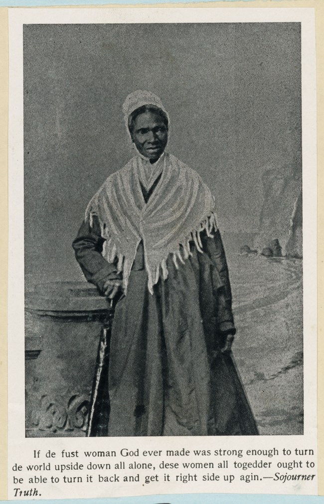 Sojourner Truth in cap and shawl with walking stick. Quote printed at bottom