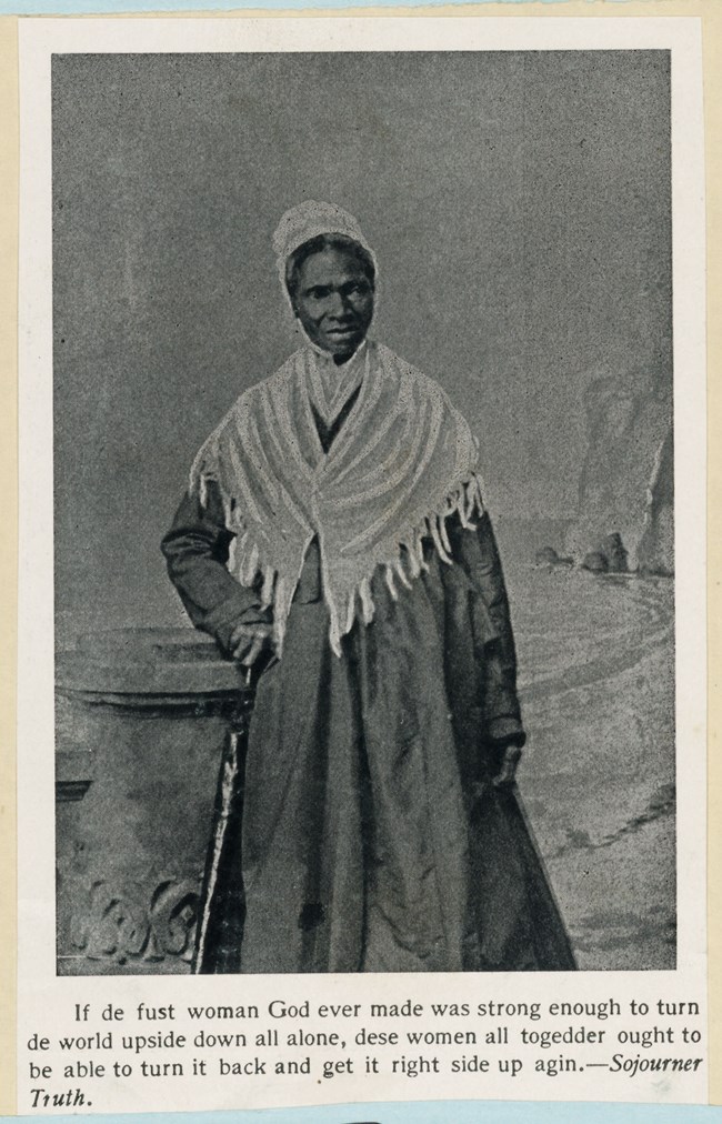Sojourner Truth with quote Sojourner Truth in cap and shawl with walking stick. Quote printed at bottom