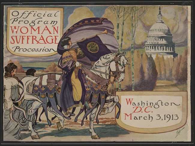Cover of March 3, 1913 Woman Suffrage Procession program with illustration of herald blowing trumpet on horseback, U.S. Capitol dome in background
