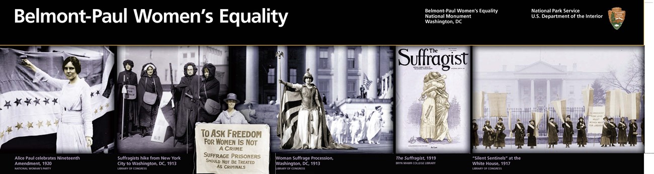 Top banner of the Belmont Paul NPS Brochure with six images of scenes from the woman suffrage movement
