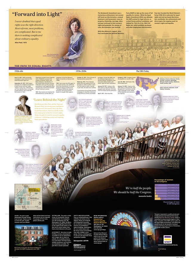 Back side of the Belmont-Paul brochure. Top in gold with images of Alice Paul and women marching for the ERA. Below is a timeline and a photo collage including large image of women of Congress posing on a staircase dressed in white
