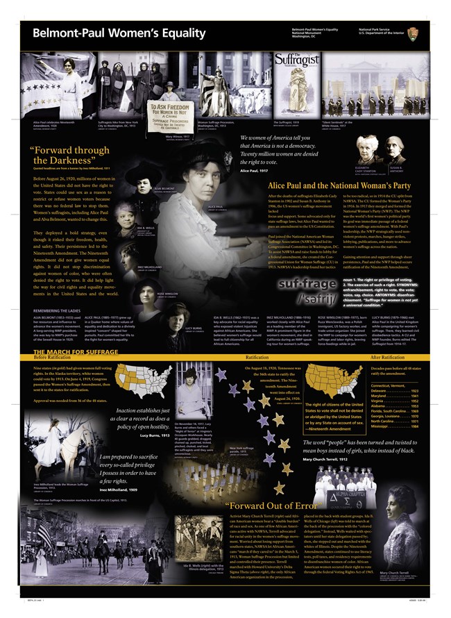 Front page of brochure, a collage of mostly black and white photographs tinted with purple and gold. The page includes quotes and informational text