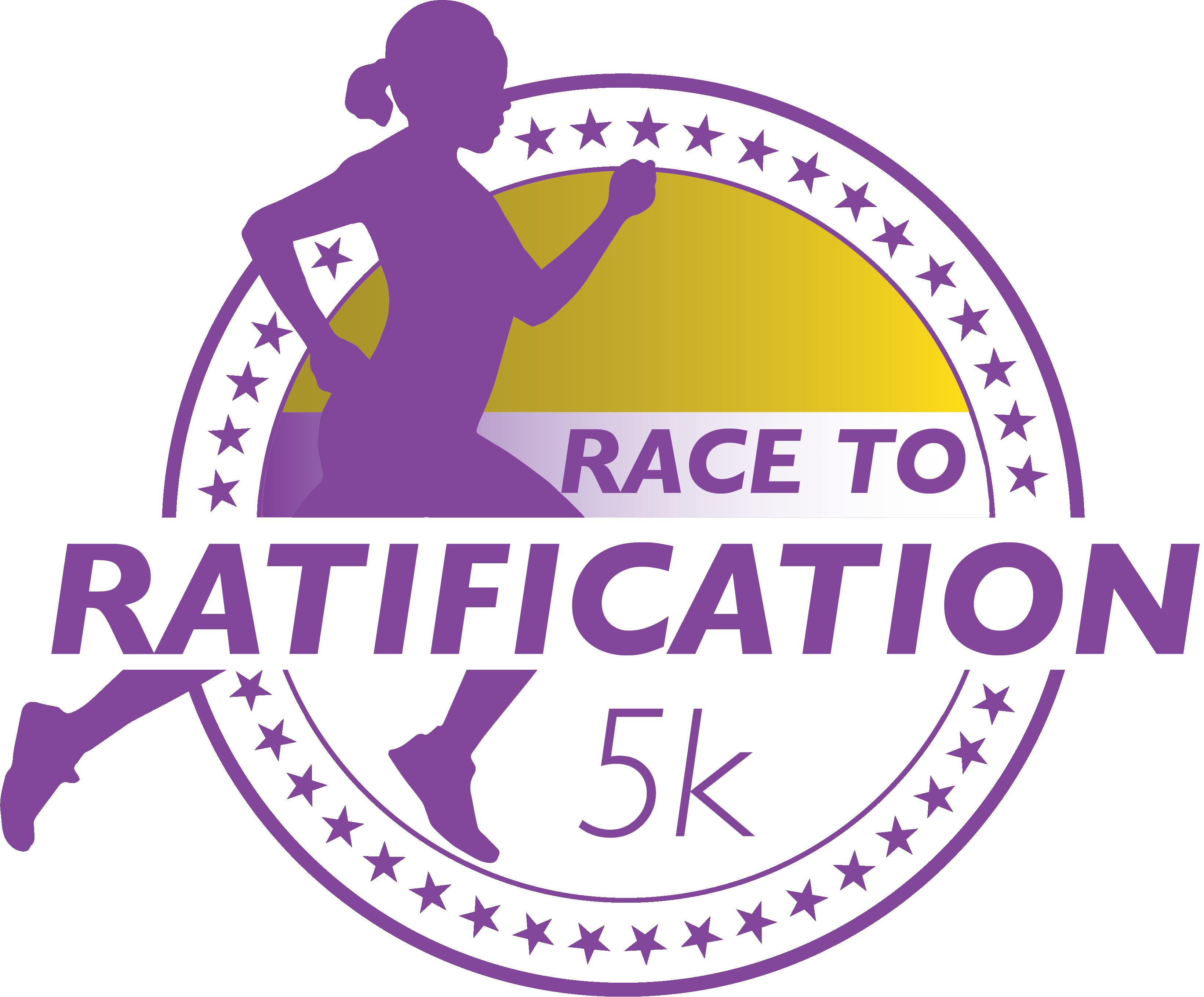 Race to Ratification Logo: the silhouette of a woman running with a circle of stars behind her. The words Race to Ratification appear in the circle.