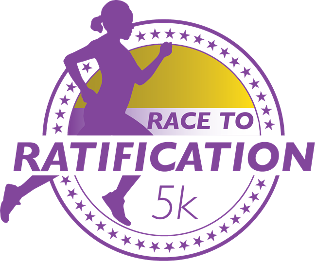 Race to Ratification Logo: the silhouette of a woman running with a circle of stars behind her. The words Race to Ratification appear in the circle.