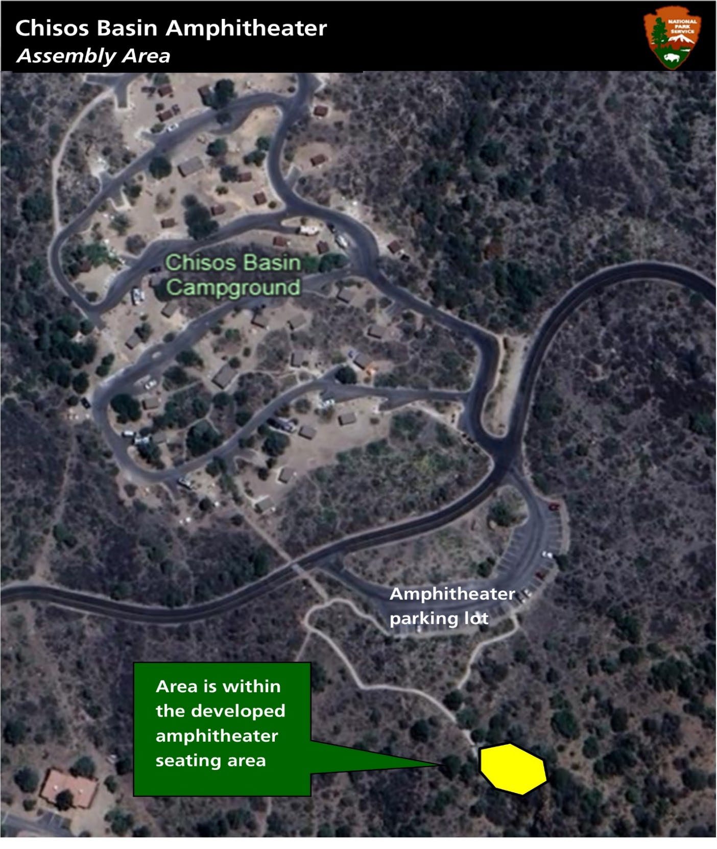 Map of the Chisos Basin Amphitheater assembly area location. Full description of map below image.