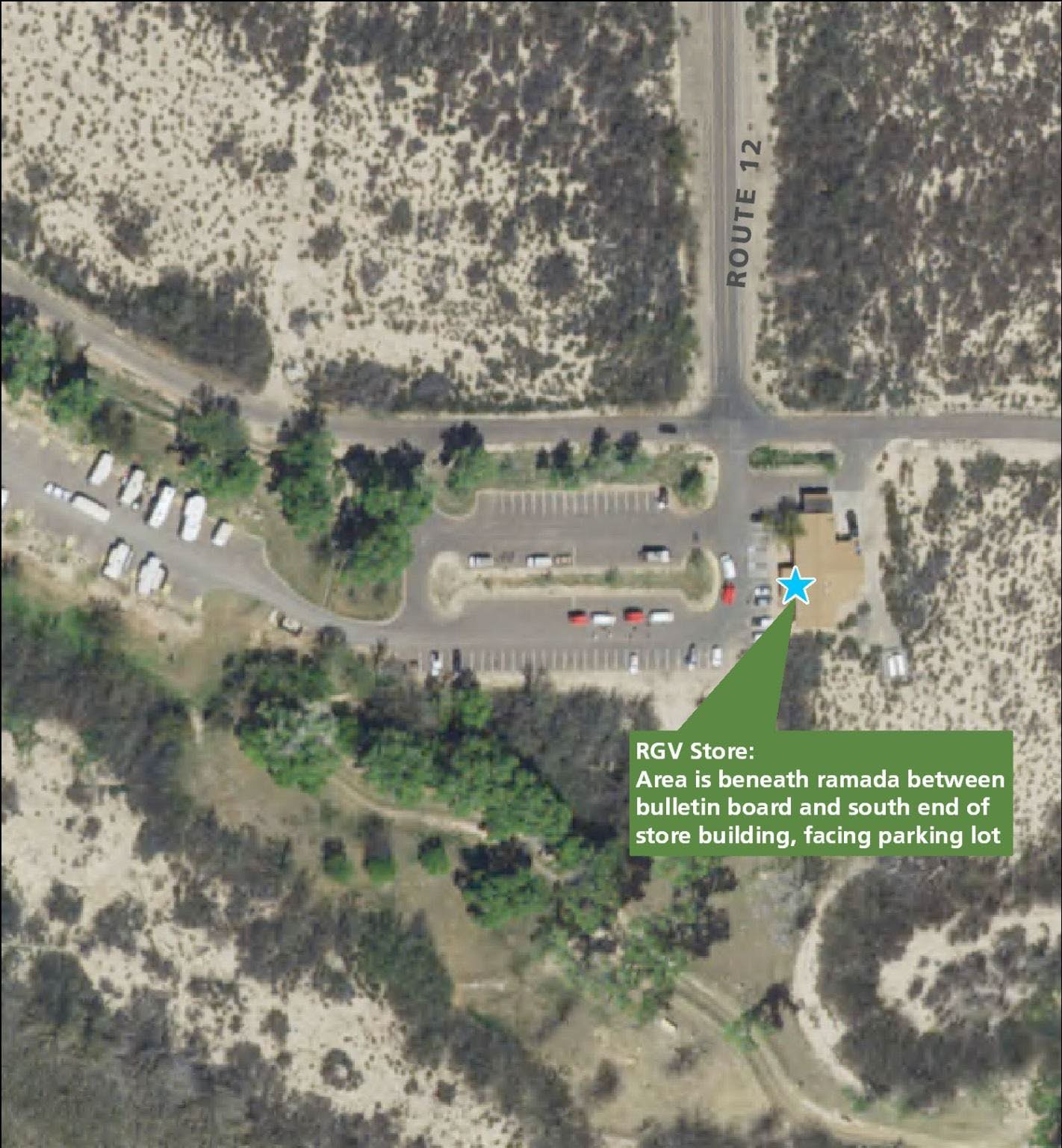 Map of the Rio Grande Village Store area showing the location for sale or distribution of printed matter. Full description of map below image.