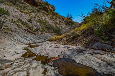 Descending pools of water line the bottom of a slickrock drainage