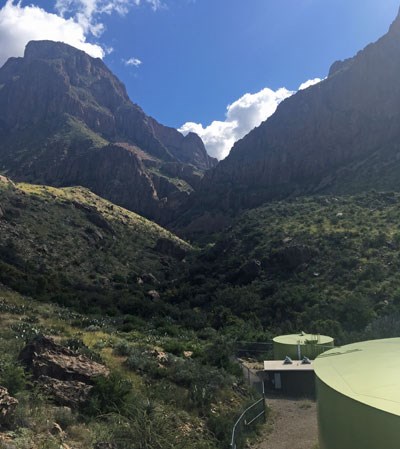 Storage tank at Oak Spring, far below the "Window" of the Chisos Mountains.