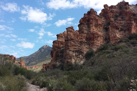 A dry creek bed passes beneath towering red rocks.