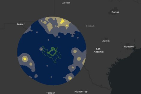 A map of West Texas highlighting the Big Bend region and the surrounding towns and cities. The towns and cities have different colored blobs above them to represent the different amount of light pollution produced by each town.