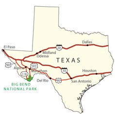 State map showing highway routes to and from Big Bend National Park.