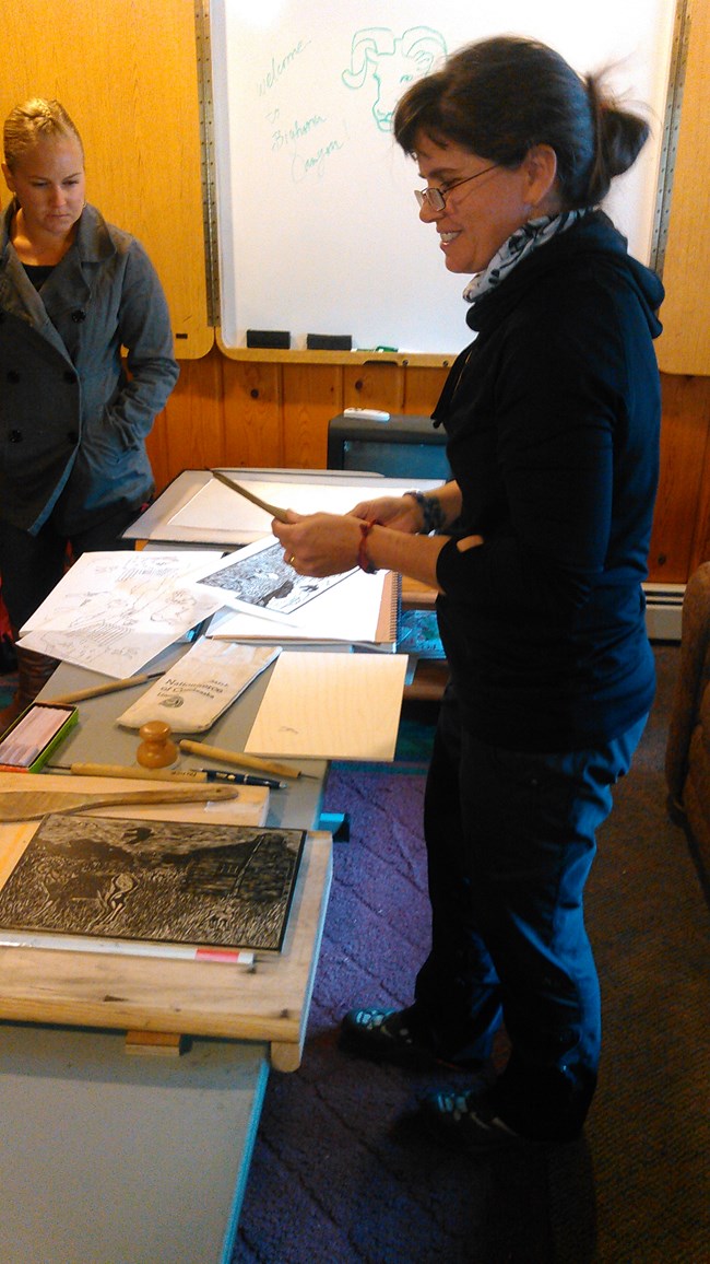 Amanda demonstrating block printing