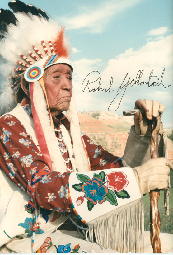 Portrait of Robert Yellowtail with beaded vest, gloves, and headdress Portrait of Robert Yellowtail with beaded vest, gloves, and headdress