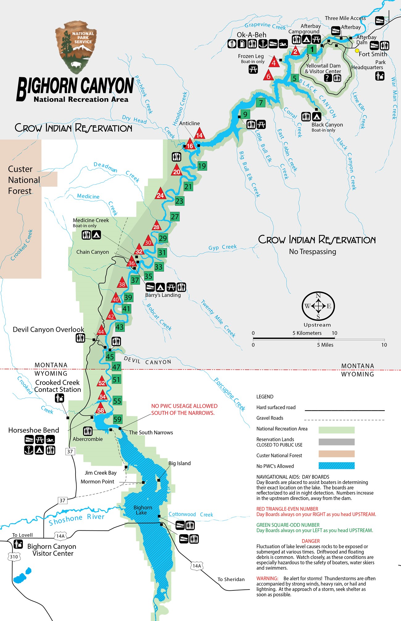 This map shows the entire Bighorn Canyon National Recreation Area, with a focus on boating access and safety. It shows where river markers, campgrounds, launch stations, etc. are located.