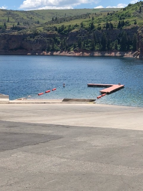 2021 Ok-A-Beh Swim Beach A dock with ladders in an L shape forms the swim area at Ok-A-Beh marina.