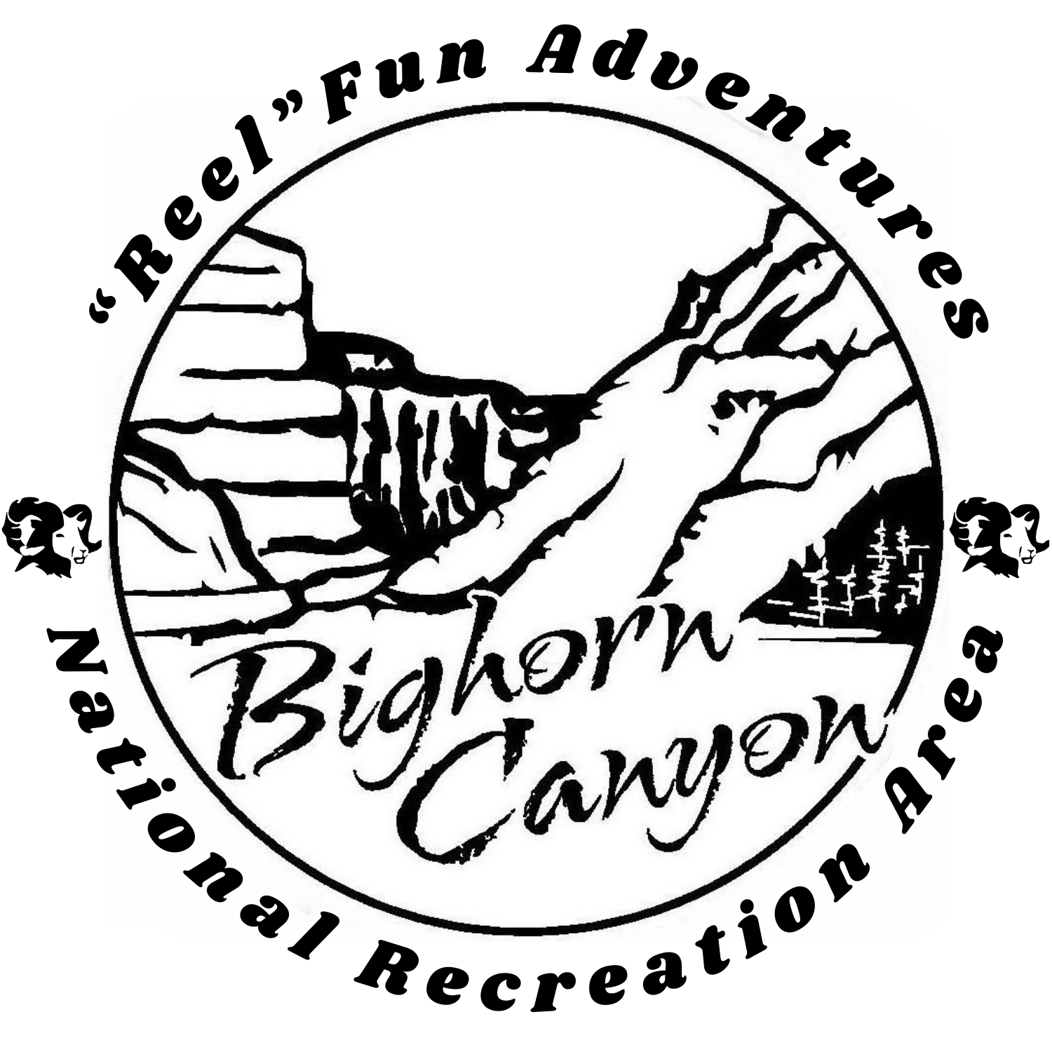 A black and white graphic with a circle drawing image of the walls of Bighorn Canyon. The text around the image reads "'Reel' Fun Adventures Bighorn Canyon National Recreation Area."