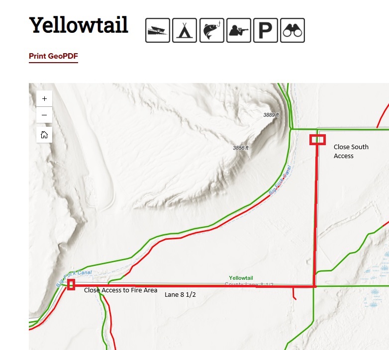 A map showing the closed roads within the Yellowtail Habitat.