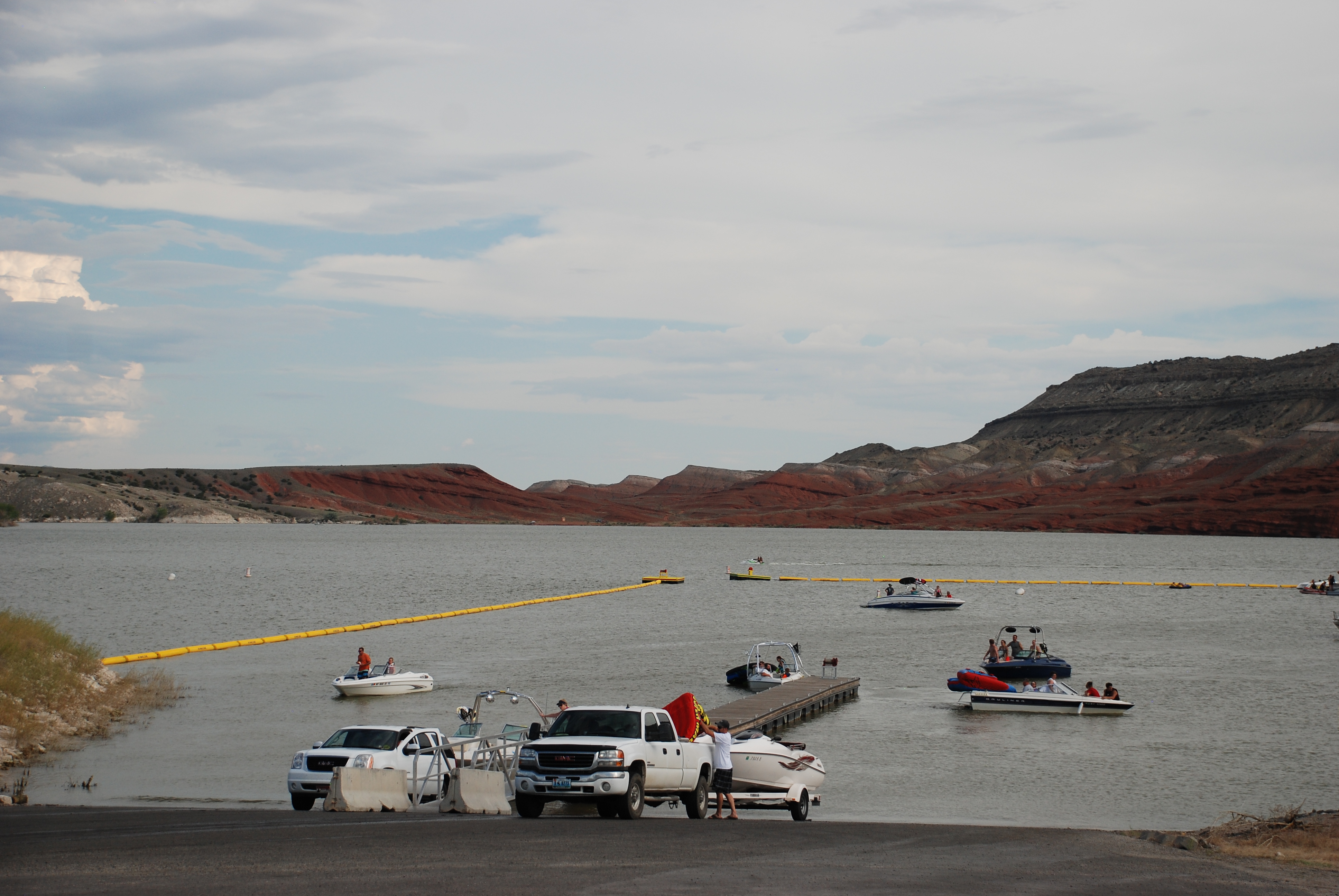 Various stages of boats launching at the Horseshoe Bend Boat Ramp