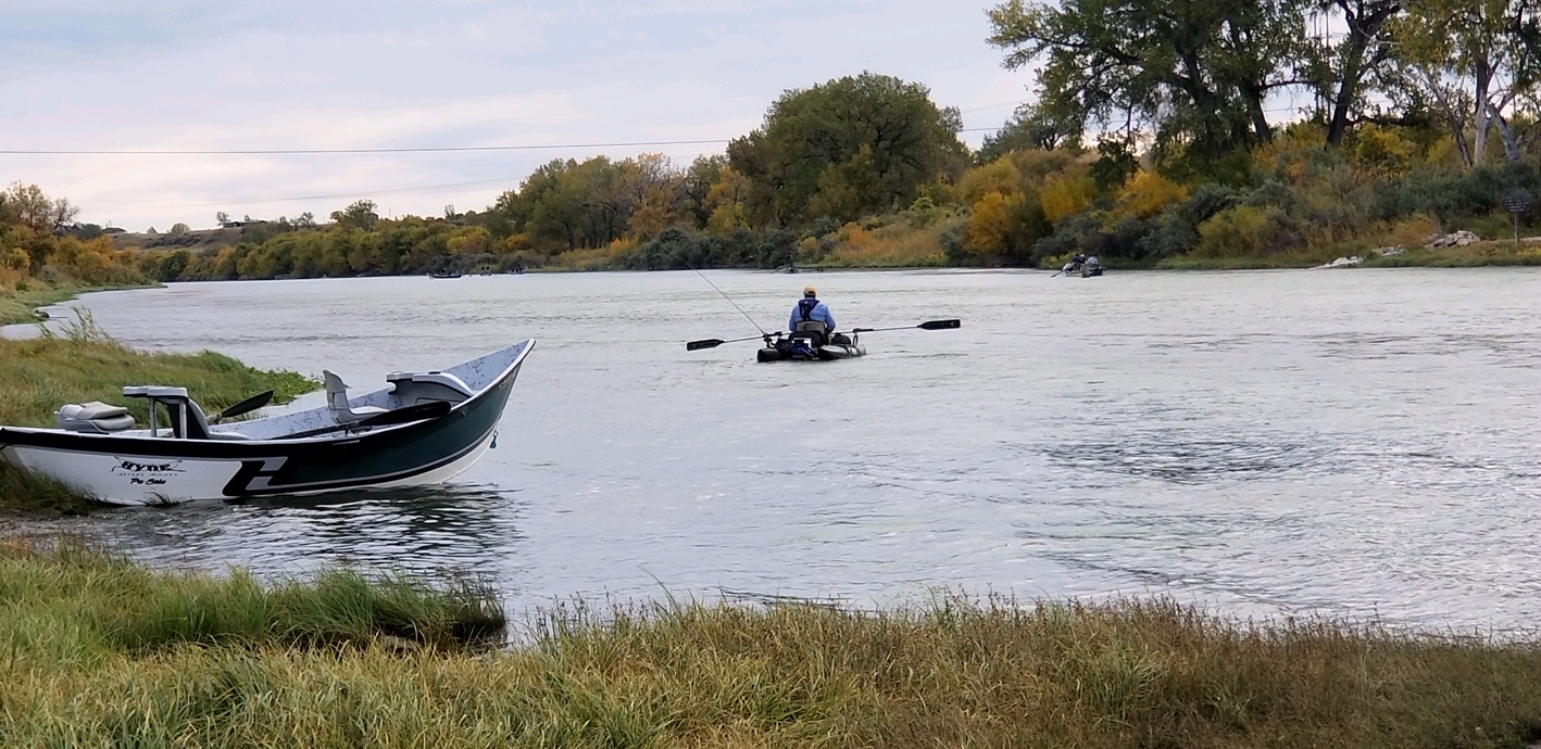 Two drift boats near afterbay boat ramp.