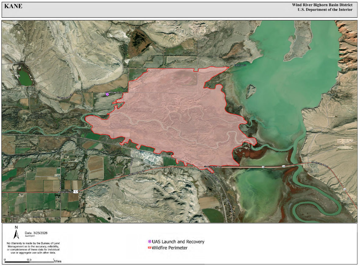 A terrain map highlighting the Kane Fire area with a red outline and fill.