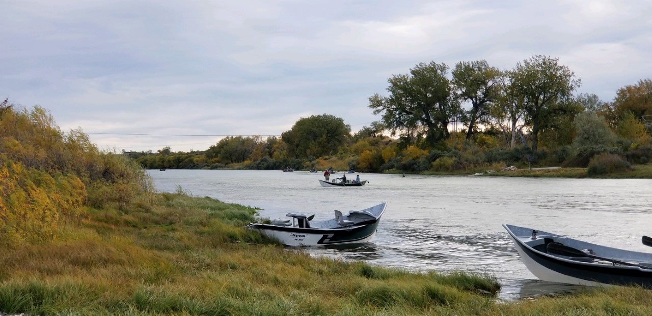Driftboats on the Bighorn River near Afterbay Several drift boats along bighorn river