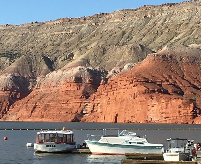 The boat, Belle, waiting at the dock at Horseshoe Bend.