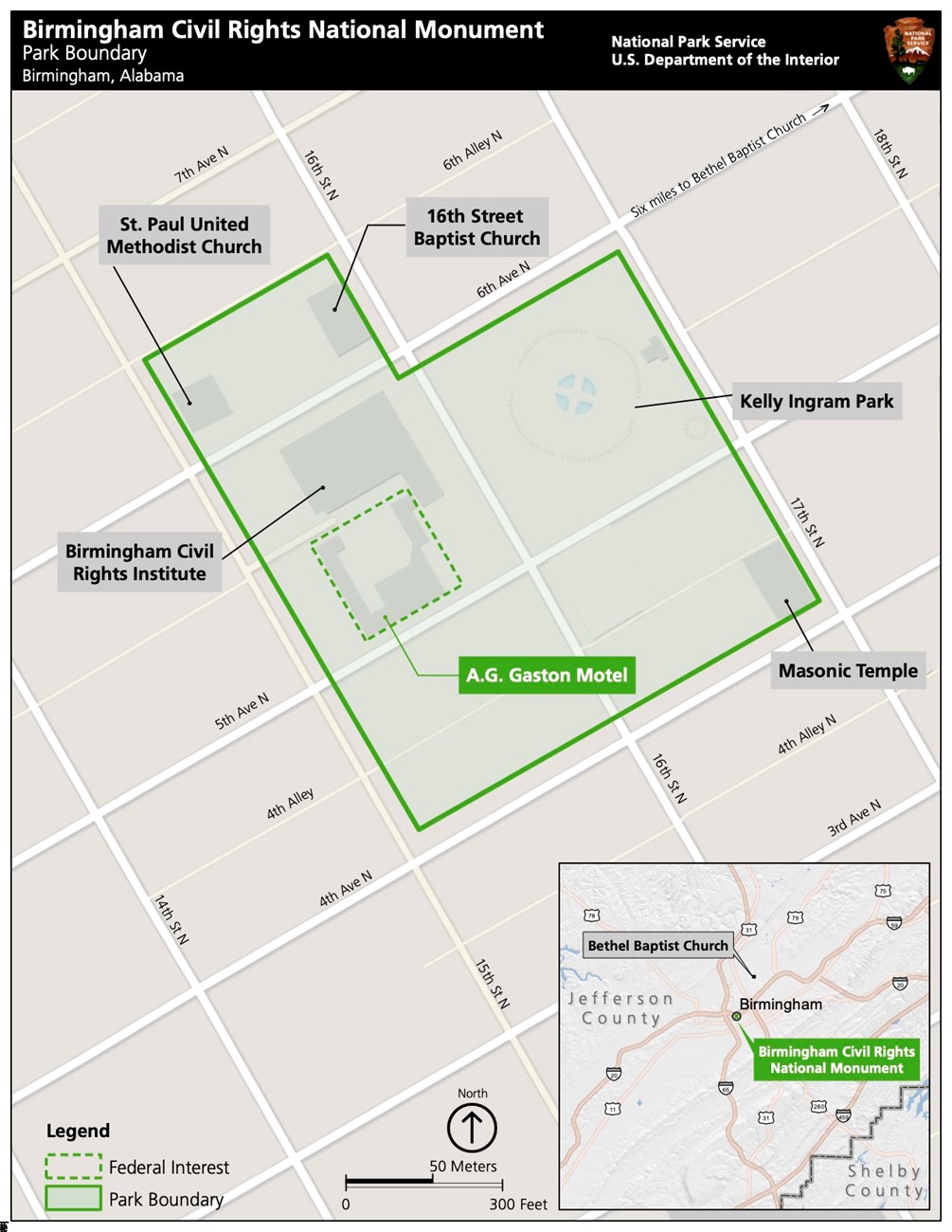 Map of sites within Birmingham Civil Rights National Monument