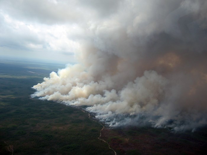 Smoke from a wildfire climbing high into the air.