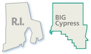 A comparison of the area of Big Cypress National Preserve to that of Road Island showing comparable size.