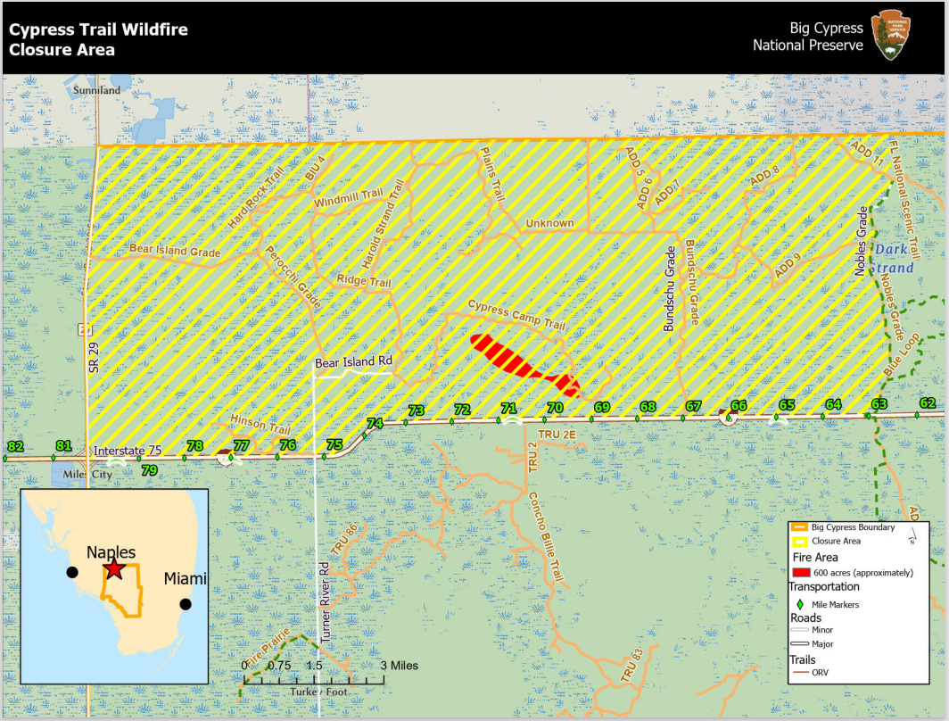 A detailed park map displaying closures due to fire.