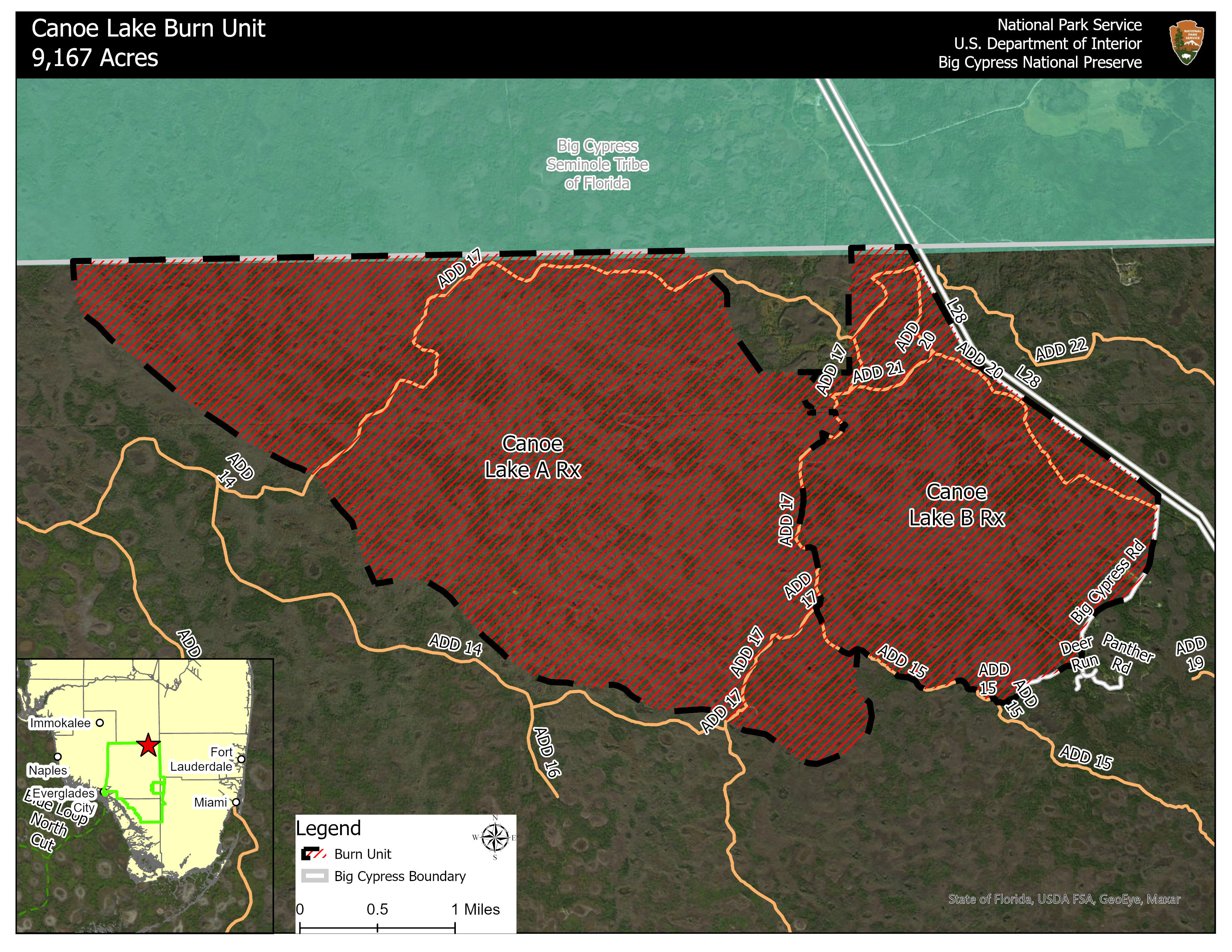 1021_Map_Notification_BICY Big Cypress National Preserve Map highlighted and fire icons to show burn areas and closures