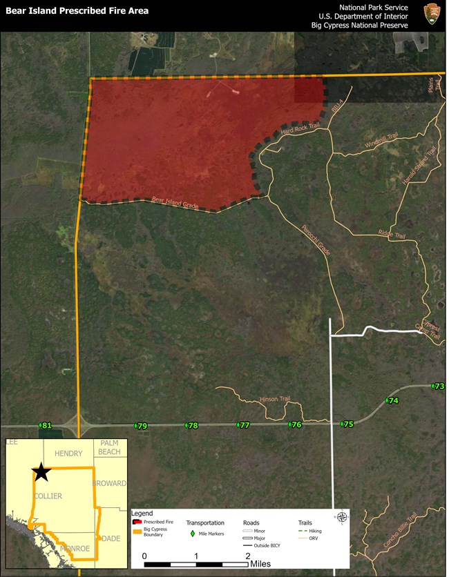 Map of the northwest corner of Big Cypress National Preserve showing the planned prescribed burn location.