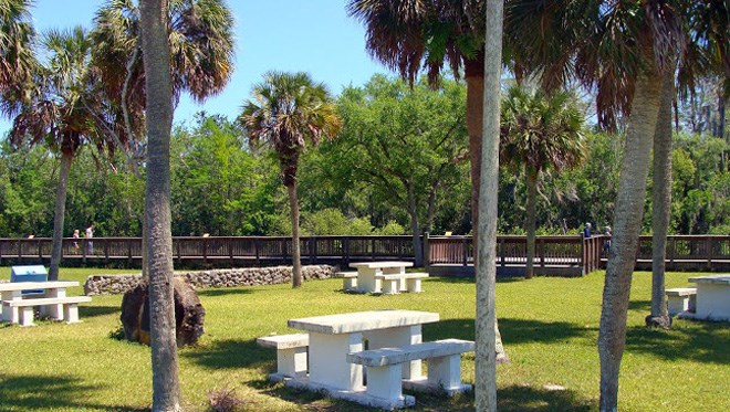 H.P. Williams Roadside Park picnic area with white benches, a boardwalk, and palm trees.