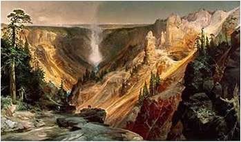 A painting of the, Grand Canyon of the Yellowstone, featuring a large waterfall and canyon.