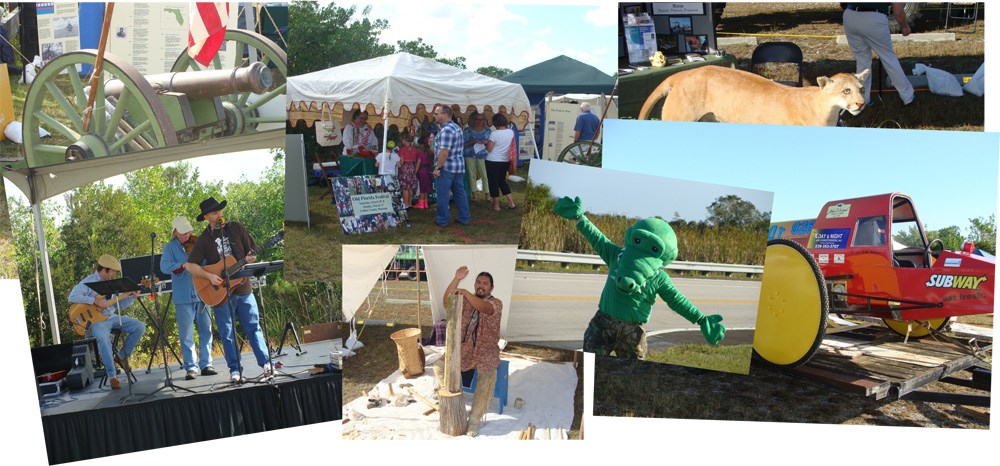 A collage featuring a cannon, several festival tents with people int them, an alligator costume, a band on a stage, a man with a log, a Florida panther, and race car with large thin wheels.