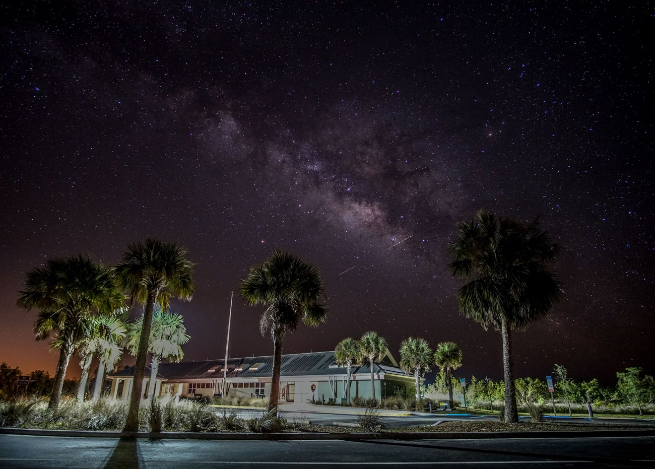 a building, palm trees, parking lot illuminated under a night sky