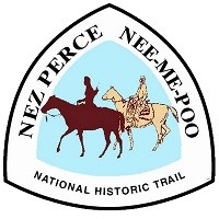 logo with silloutes of two people on horseback that reads Nez Perce Nee-Me_Poo National Historic Trail