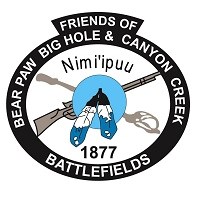 Illustration of two crossed rifles with two feathers overlaid on them that reads "Friends of Bear Paw Big Hole and Canyon Creek Battlefields"